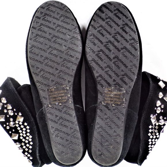 GIANNI BINI size 6.5M black suede low-rise flat-heel slouch boots metal studding - Picture 11 of 13